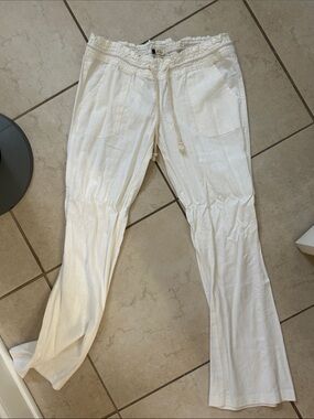 White Drawstring Linen-Blend Pants